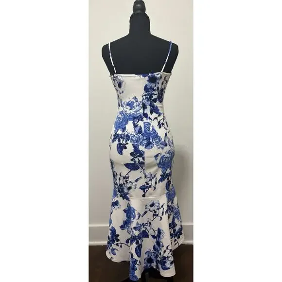 Jump Apparel Blue White Floral Midi Dress Women’s XS Spaghetti Strap Mermaid Hem - Picture 2 of 6